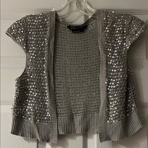 BCBGMaxAzria silk Silver Sequin Open-Front Sweater